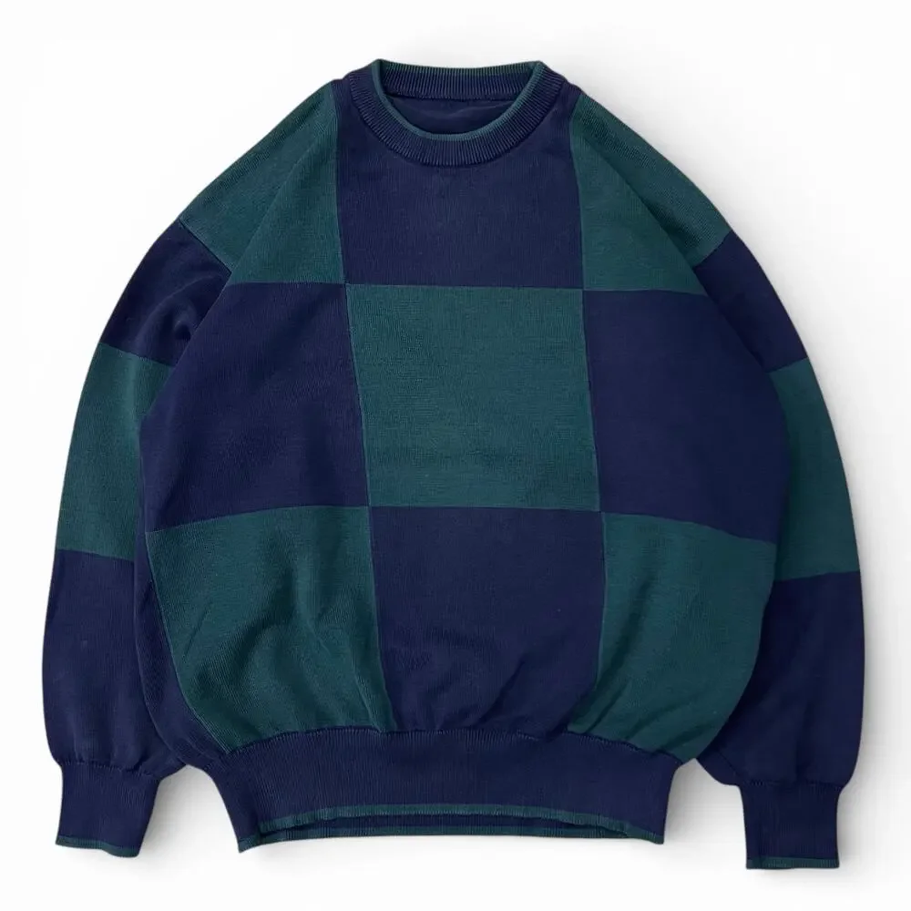 Vintage Large Checkered Square Geometric Pattern Creneck Sweater Navy Green M